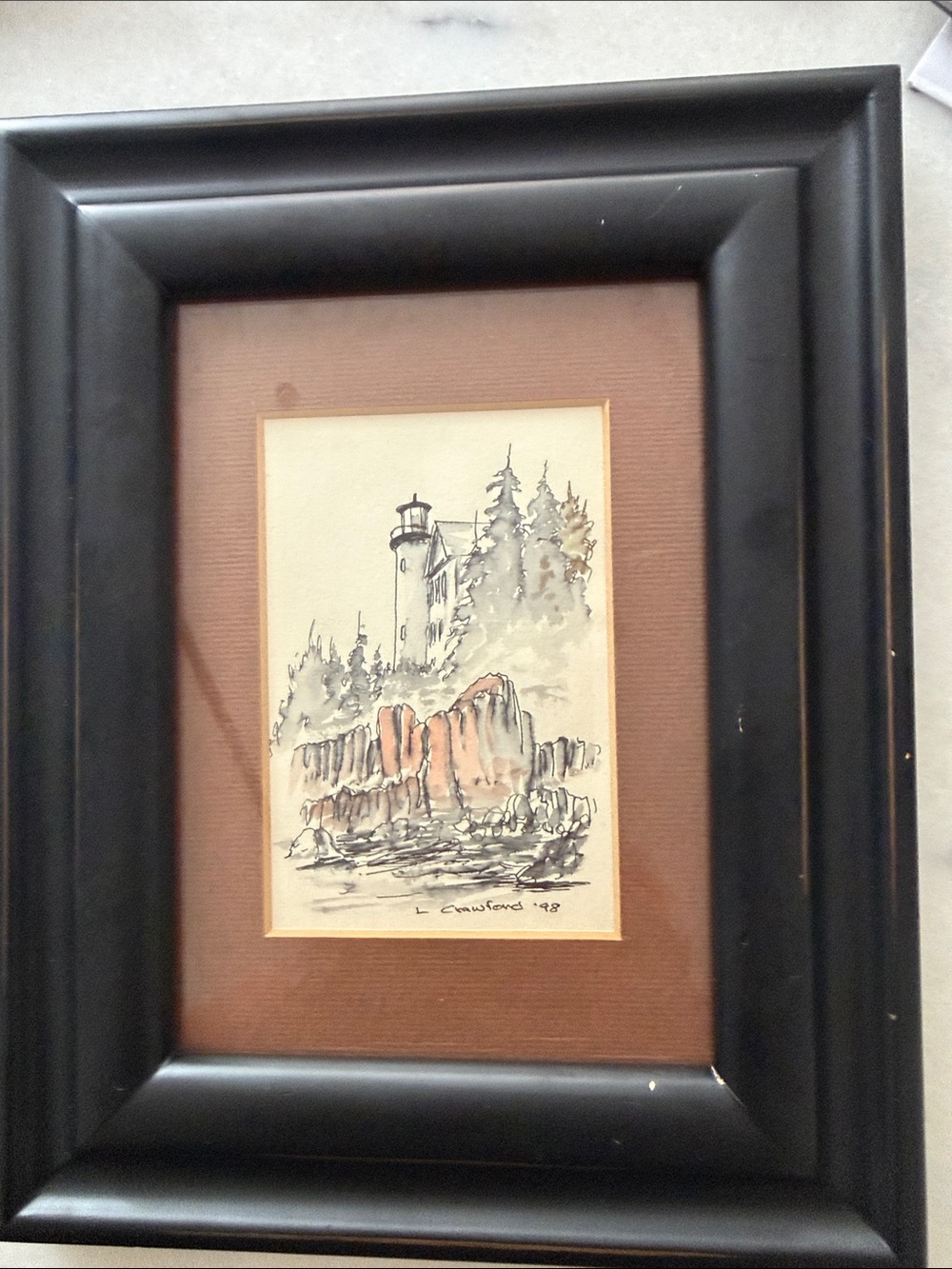 Signed andFramed Bass Harbor Maine Lighthouse Watercolor Wall Art in Black Frame